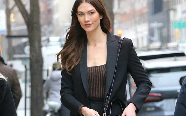 Karlie Kloss Sharpens Flared Trousers & Striped Blouse With Dior Stiletto Boots in NYC
