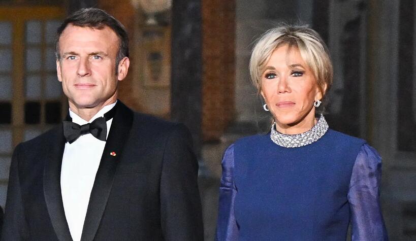 French First Lady Brigitte Macron Re-Wears Deep Blue Pumps for Versailles State Dinner With Queen Camilla