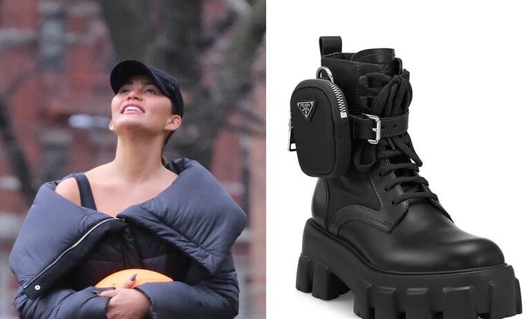 Chrissy Teigen is Winter-Ready in Rugged Prada Monolith Lug Sole Boots with John Legend & Kids