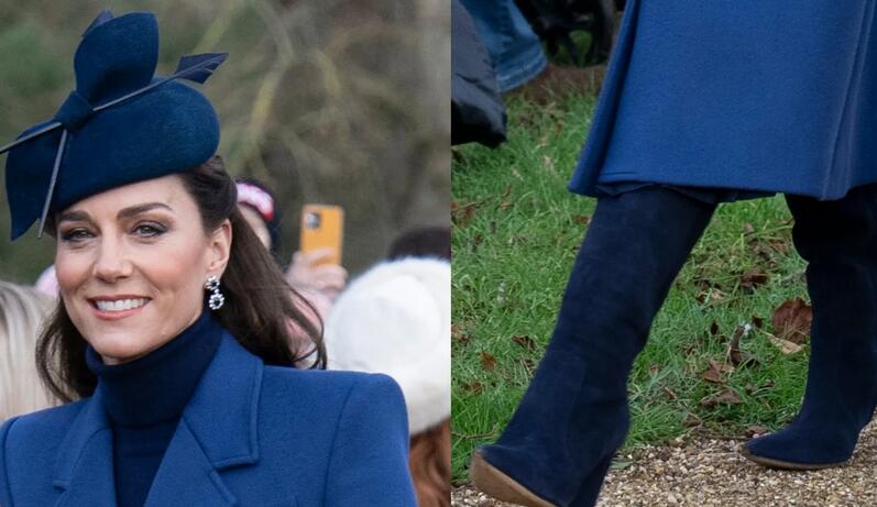 Kate Middleton Goes Blue in Suede Gianvito Rossi Boots and Alexander McQueen Coat for Christmas Day Service
