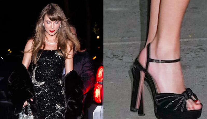 Taylor Swift Sparkles in Aquazzura’s Bejeweled Platform Sandals for Her 34th Birthday