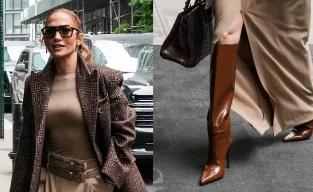 Jennifer Lopez Goes Brown in Knee-High Saint Laurent Boot in New York City