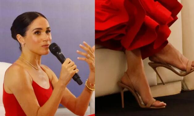 Lady in Red: Meghan Markle Slips Into Aquazzura So Nude Slingbacks at Women in Leadership in Nigeria